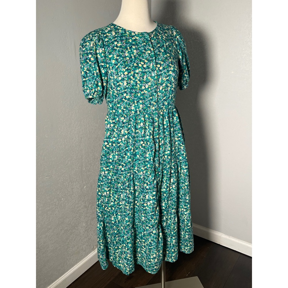 Old Navy Womens Green Floral Tiered Midi Dress Button Front Puff Sleeve Size S